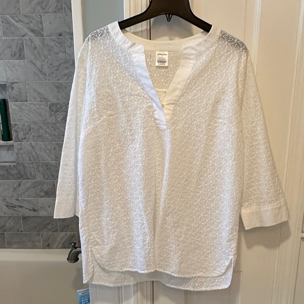 Lands' End Elegant White Eyelet Blouse